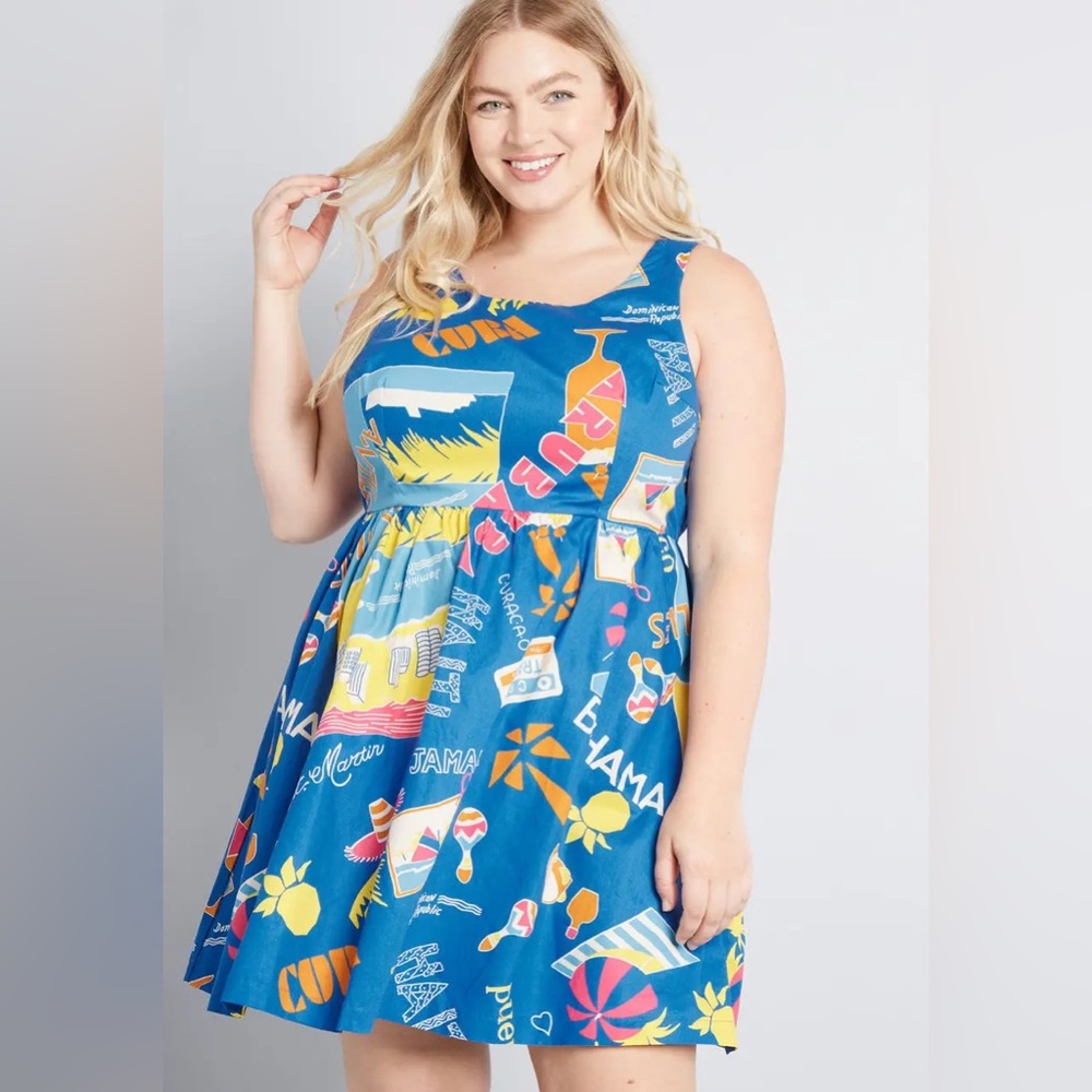 ModCloth Optimistic Effect Sleeveless Fit-And-Flare Dress — Tropical Travel 1X